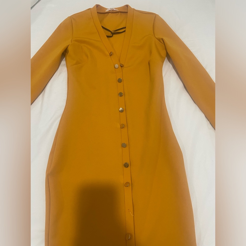 Mustard front button, long sleeved dress